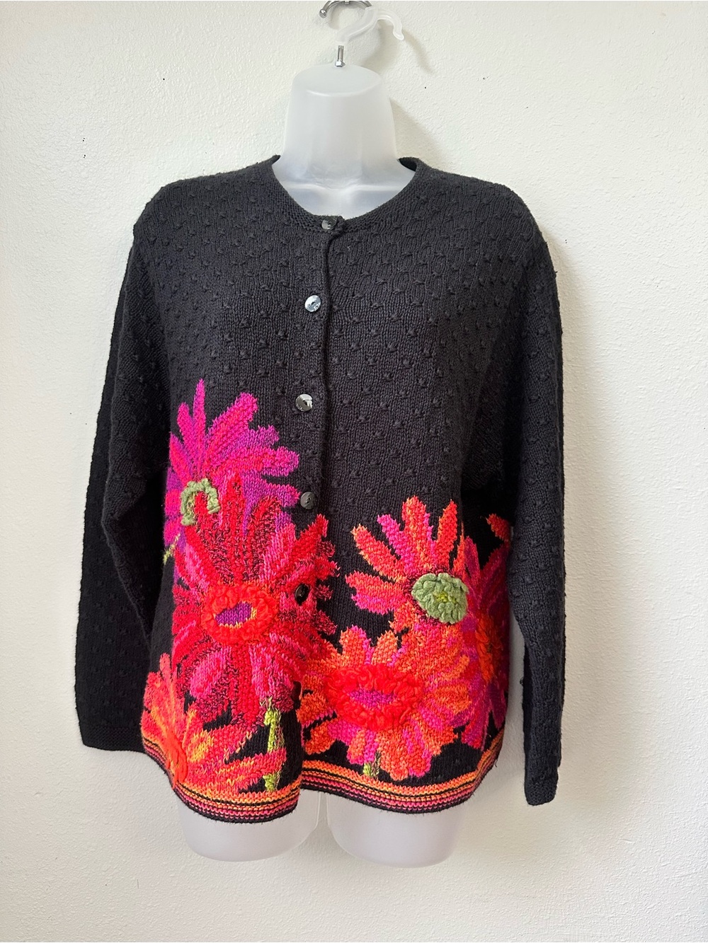 Black Floral Knit Cardigan with Bright Pink & Red Blooms